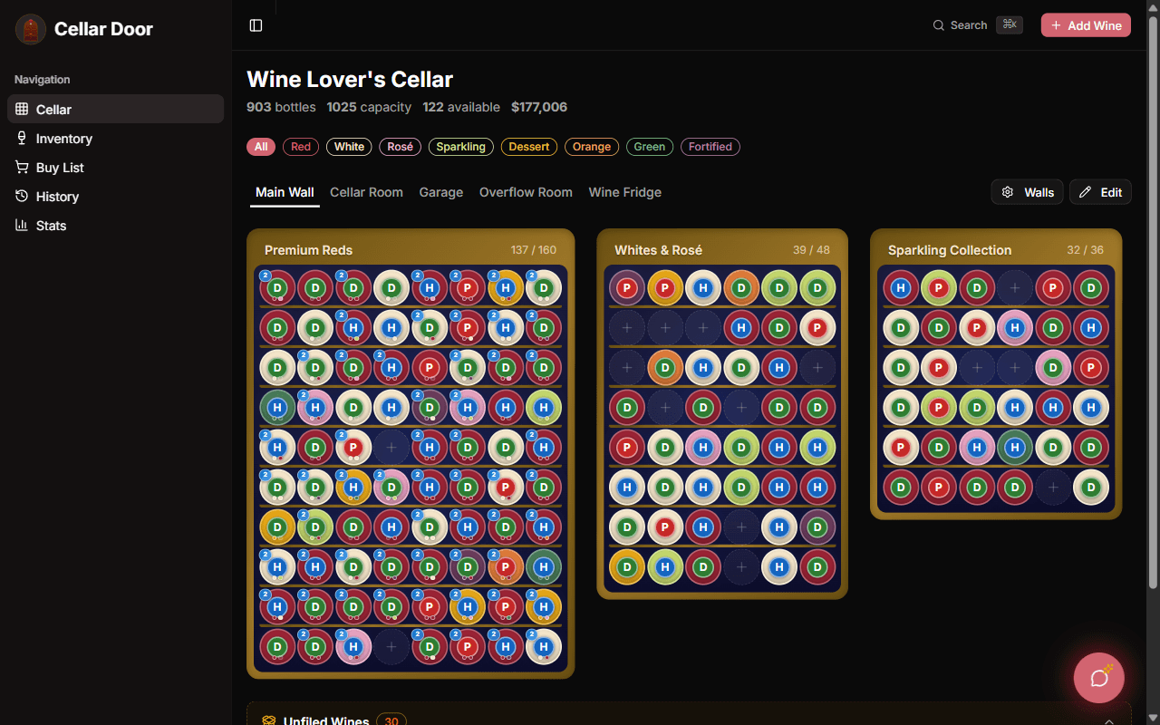 Cellar Door desktop view showing the visual wine cellar grid