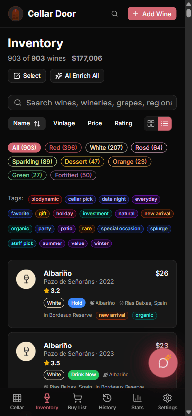 Wine inventory list on mobile